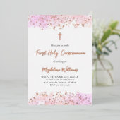 ピンクの水の色の最初の聖餐式 箔招待状 (立ち正面)