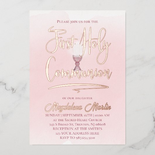 ピンクの水の色の最初の聖餐式 箔招待状 (正面)