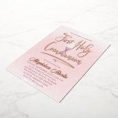 ピンクの水の色の最初の聖餐式 箔招待状 (回転した状態)