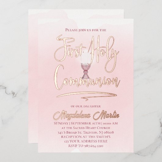ピンクの水の色の最初の聖餐式 箔招待状 (正面/裏面)