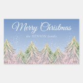 ピンクの水の色の木の森のクリスマス芸術的 長方形シール (正面)