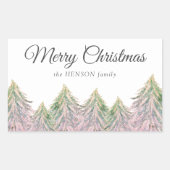 ピンクの水の色の木の森の芸術的クリスマスレー 長方形シール (正面)