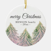 ピンクの水の色の木メリークリスマスファミリーセラム セラミックオーナメント (正面)