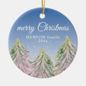 ピンクの水の色の木メリークリスマスファミリー セラミックオーナメント (正面)