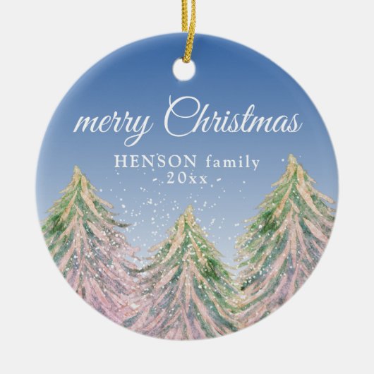 ピンクの水の色の木メリークリスマスファミリー セラミックオーナメント (正面)
