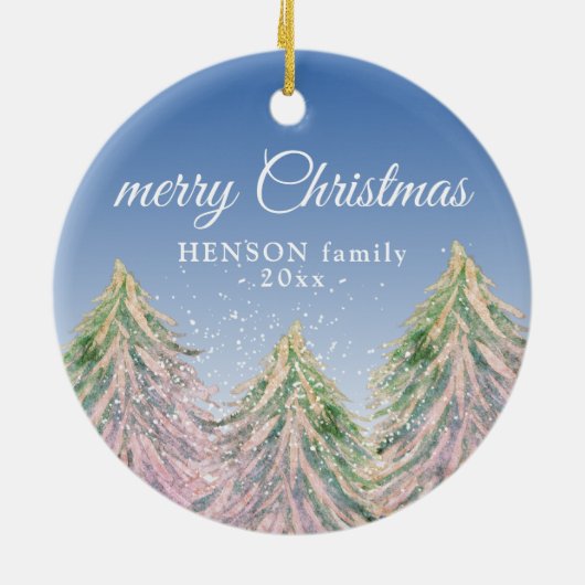 ピンクの水の色の木メリークリスマスファミリー セラミックオーナメント (裏面)