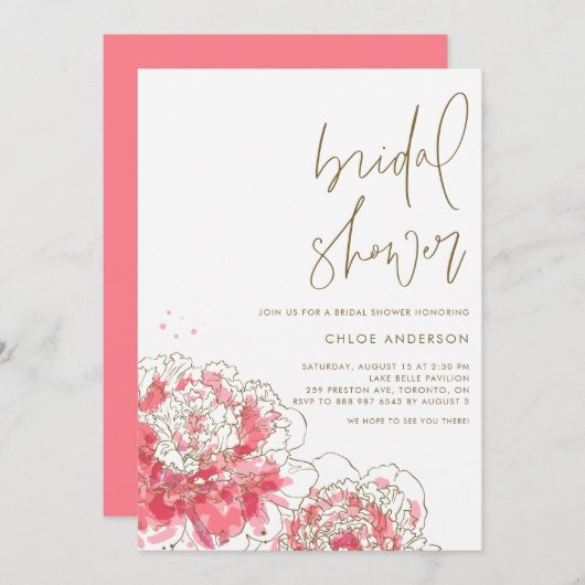 ピンクの水の色の牡丹ブライダルシャワーの招待 招待状 (正面/裏面)