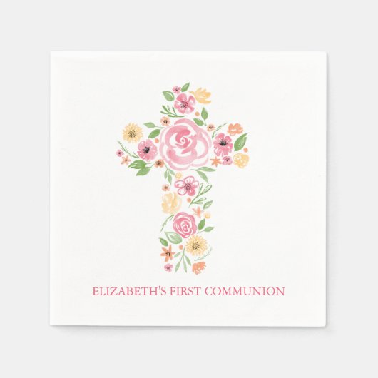 ピンクの水の色の花が最初の聖餐式を交差 スタンダードカクテルナプキン (正面)
