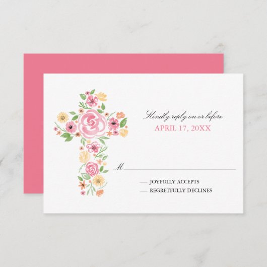 ピンクの水の色の花が最初の聖餐式を交差 出欠カード (正面/裏面)