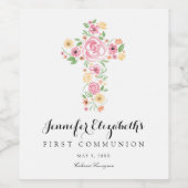 ピンクの水の色の花のクロス最初の神聖な聖餐式 ワインラベル (シングルラベル)