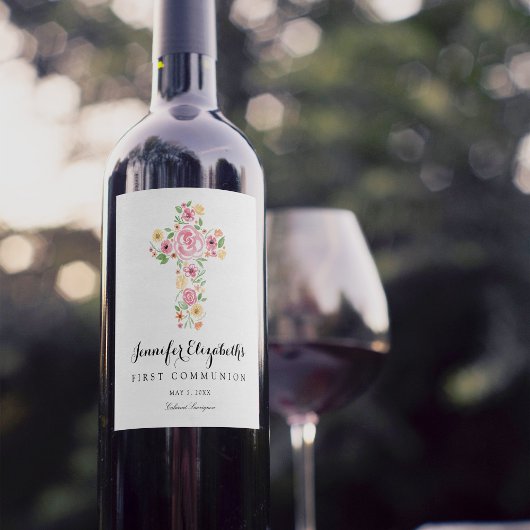 ピンクの水の色の花のクロス最初の神聖な聖餐式 ワインラベル