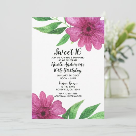 ピンクの水の色の花のフローラポップ・アートの甘い16パーティー 招待状 (スタンド正面)