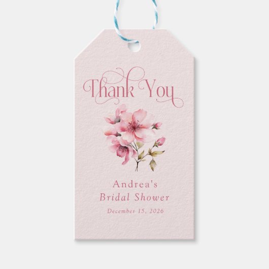 ピンクの水の色の花のブライダルシャワーの好意 ギフトタグ (正面)