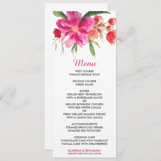 ピンクの水の色の花のポ結婚シーのメニューカード メニュー (正面/裏面)