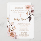 ピンクの水の色の花の娘ファースト聖餐式 招待状 (正面/裏面)