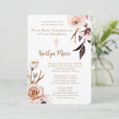 ピンクの水の色の花の娘ファースト聖餐式 招待状 (スタンド正面)