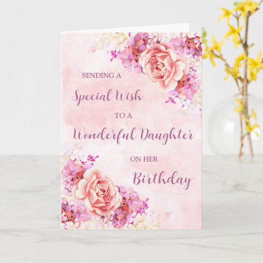 ピンクの水の色の花の娘誕生日 カード (黄色い花)