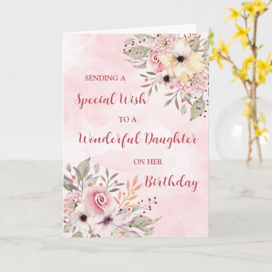 ピンクの水の色の花の娘誕生日 カード (黄色い花)