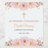 ピンクの水の色の花の最初の聖なる聖体かわいい ワインラベル (シングルラベル)