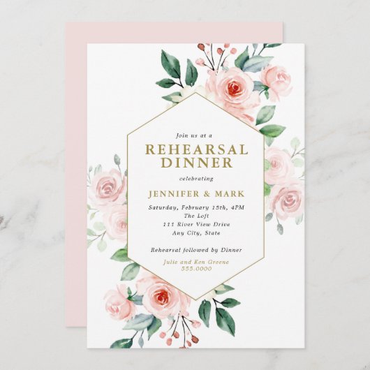 ピンクの水の色の花の花束リハーサルディナー 招待状 (正面/裏面)