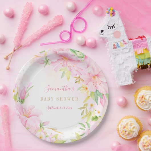 ピンクの水の色の花ぼう赤ちゃん女の子ベビーシャワー ペーパープレート (パーティー)