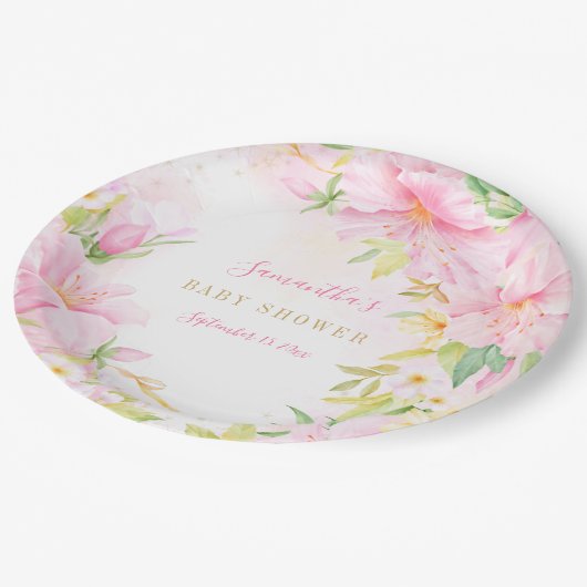 ピンクの水の色の花ぼう赤ちゃん女の子ベビーシャワー ペーパープレート (アングル)