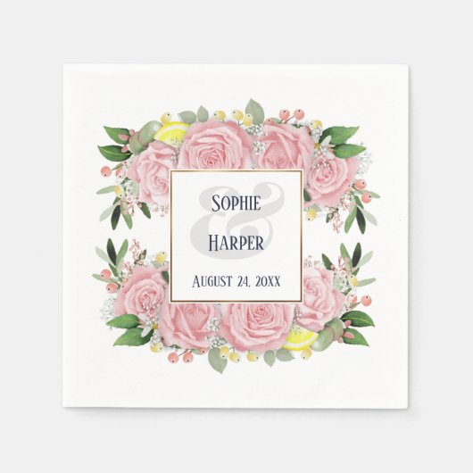 ピンクの水の色の花イエローレモンの金ゴールド 縁ど スタンダードカクテルナプキン (正面)