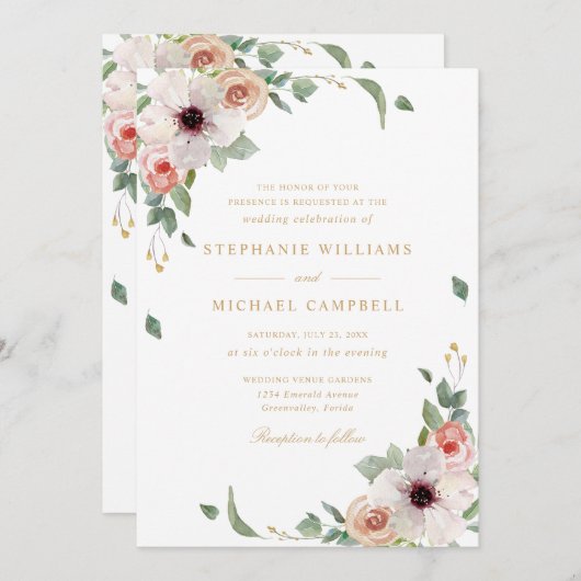 ピンクの水の色の花エレガントな結婚式 招待状 (正面/裏面)