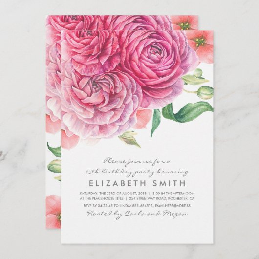 ピンクの水の色の花エレガントな誕生日パーティー 招待状 (正面/裏面)