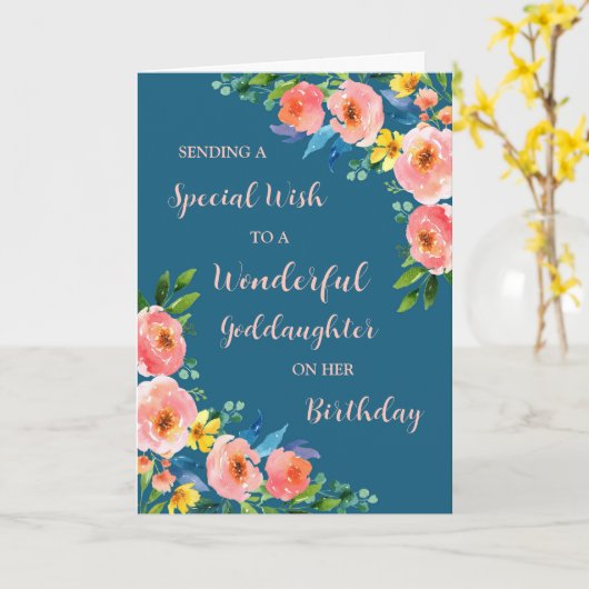 ピンクの水の色の花ゴド娘誕生日 カード (黄色い花)