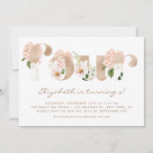 ピンクの水の色の花バラ金ゴールド4誕生日 招待状 (正面)