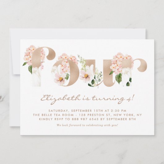 ピンクの水の色の花バラ金ゴールド4誕生日 招待状 (正面)