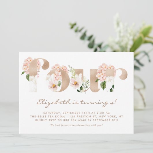 ピンクの水の色の花バラ金ゴールド4誕生日 招待状 (スタンド正面)