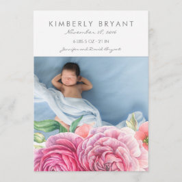 ピンクの水の色の花フォトベビーガール誕生 案内状
