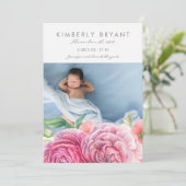 ピンクの水の色の花フォトベビーガール誕生 案内状 (スタンド正面)