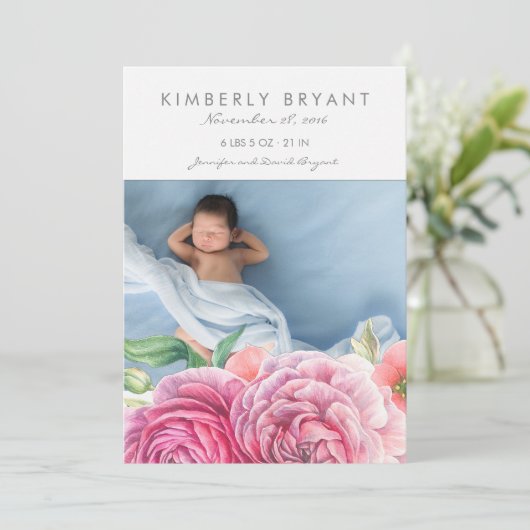 ピンクの水の色の花フォトベビーガール誕生 案内状 (スタンド正面)