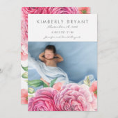 ピンクの水の色の花フォトベビーガール誕生 案内状 (正面/裏面)