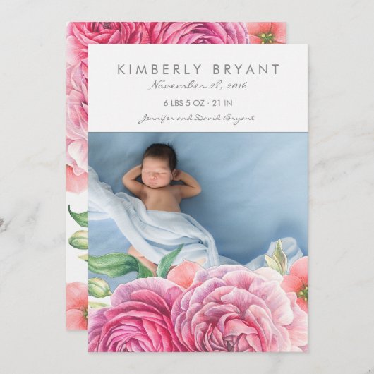 ピンクの水の色の花フォトベビーガール誕生 案内状 (正面/裏面)