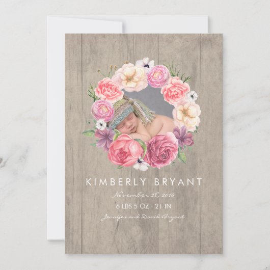 ピンクの水の色の花フォトベビーガール誕生 案内状 (正面)