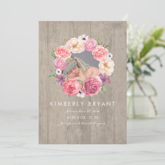 ピンクの水の色の花フォトベビーガール誕生 案内状 (スタンド正面)