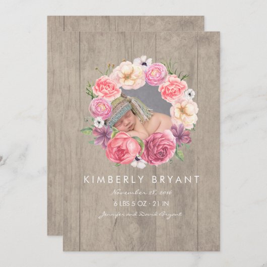 ピンクの水の色の花フォトベビーガール誕生 案内状 (正面/裏面)
