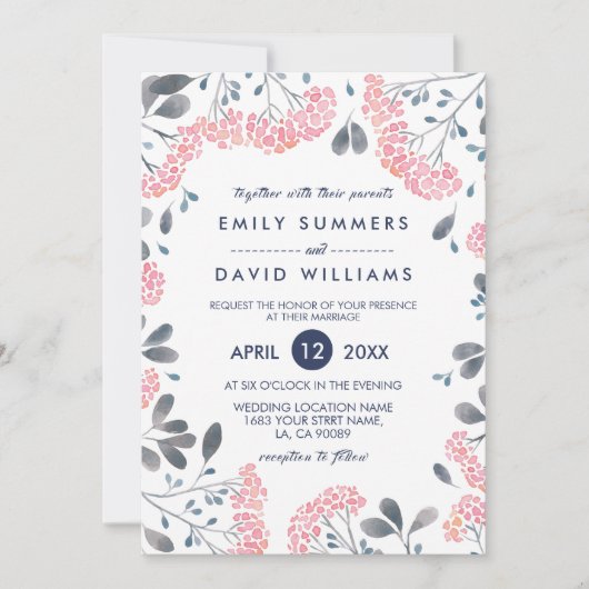 ピンクの水の色の花フレーム結婚式の招待 招待状 (正面)