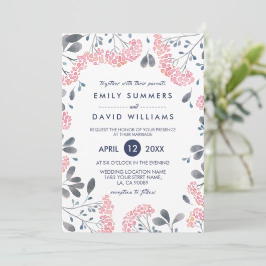 ピンクの水の色の花フレーム結婚式の招待 招待状 (スタンド正面)