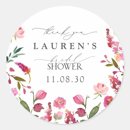 ピンクの水の色の花ブライダルシャワーありがとう ラウンドシール (正面)