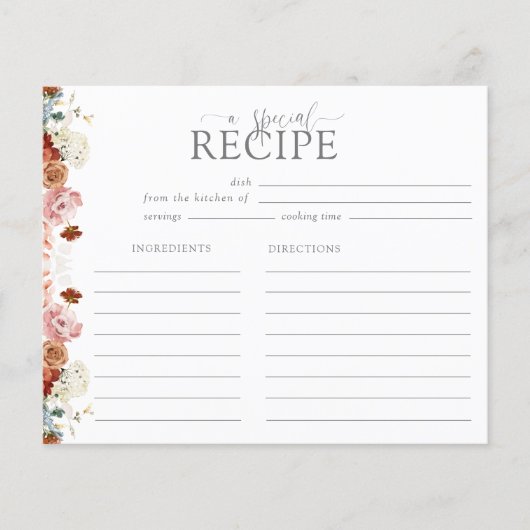 ピンクの水の色の花ブライダルシャワーレシピカード (正面)