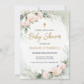 ピンクの水の色の花宗教的な赤ちゃんシャワー 招待状 (正面)
