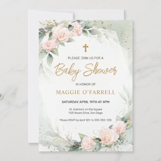 ピンクの水の色の花宗教的な赤ちゃんシャワー 招待状 (正面)