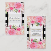 ピンクの水の色の花白黒ストライプクラシー 名刺 (正面/裏面)