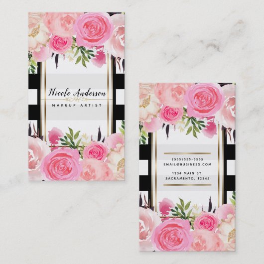 ピンクの水の色の花白黒ストライプクラシー 名刺 (正面/裏面)