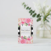 ピンクの水の色の花白黒ストライプクラシー 名刺 (スタンド正面)